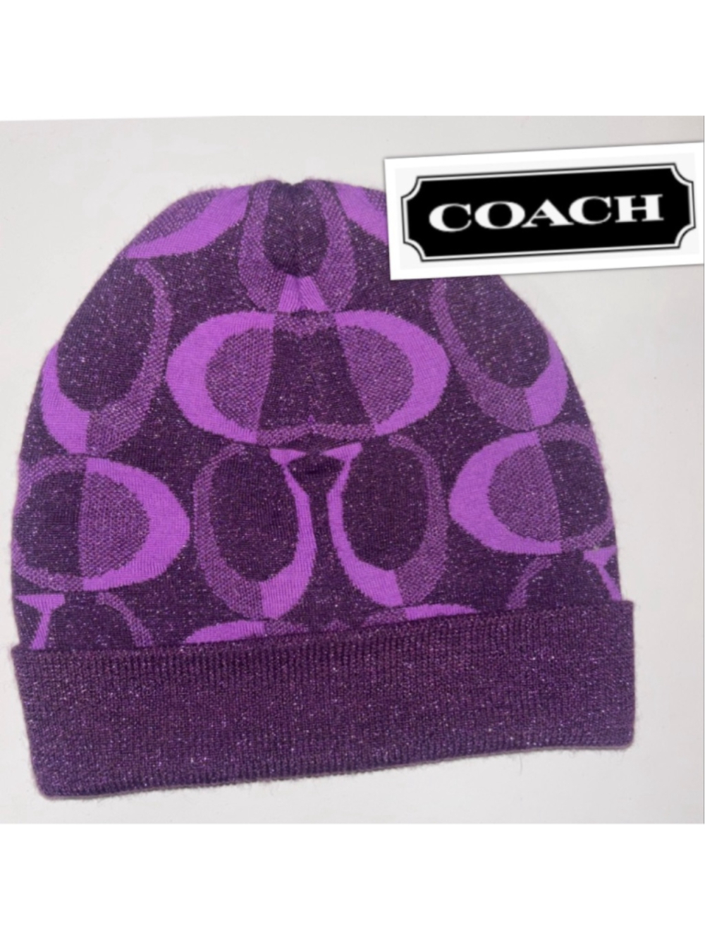 Coach Authentic Luxurious Soft Wool Blend Sparkly Signature Monogram Beanie Hat